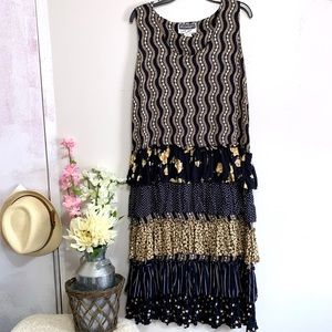Broomskirts by Lucia Lukken Women's Vintage 80’s Boho Tiered Ruffle Midi Dress